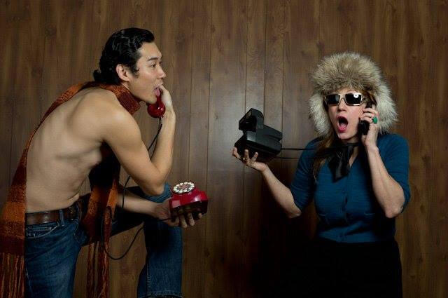 Let's Connect! Image of Trevor in a scarf with a red phone to his ear and woman in a fuzzy hat holding a Polaroid camera and a phone to her ear.